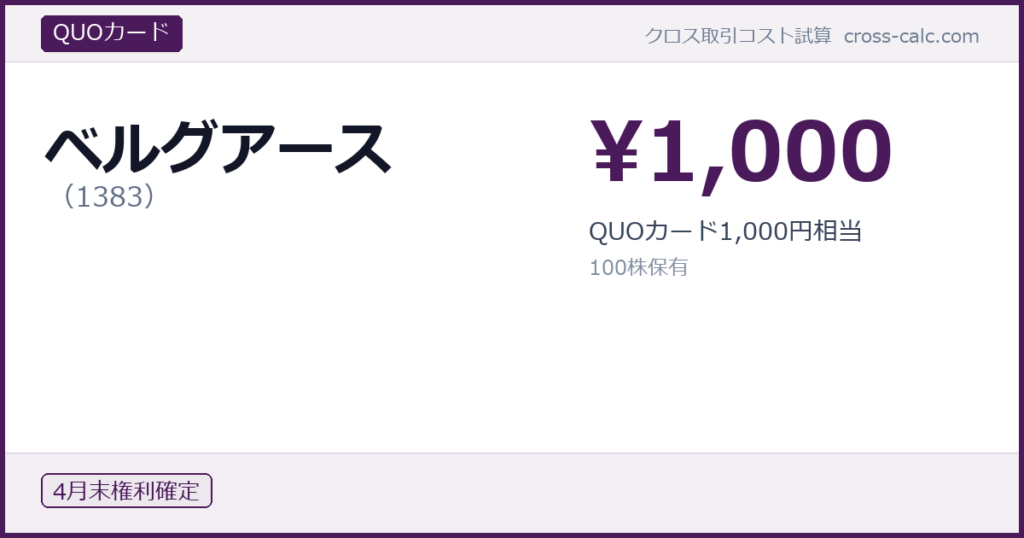 type=QUOカード|co=ベルグアース|code=1383|val=1000|desc=QUOカード1,000円相当|shares=100|months=4月末|color=#4a1a5a