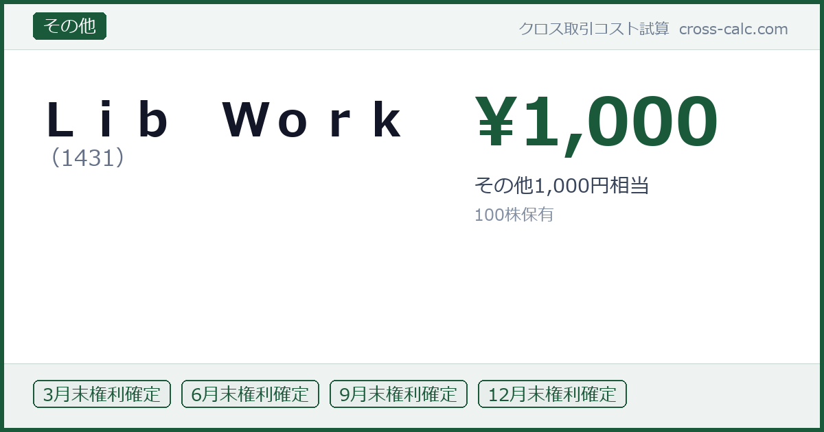 type=その他|co=Lib Work|code=1431|val=1000|desc=その他1,000円相当|shares=100|months=3月末,6月末,9月末,12月末|color=#1a5a3a