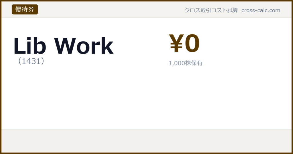 type=優待券|co=Lib Work|code=1431|val=0|desc=|shares=1000|months=|color=#5a3a00