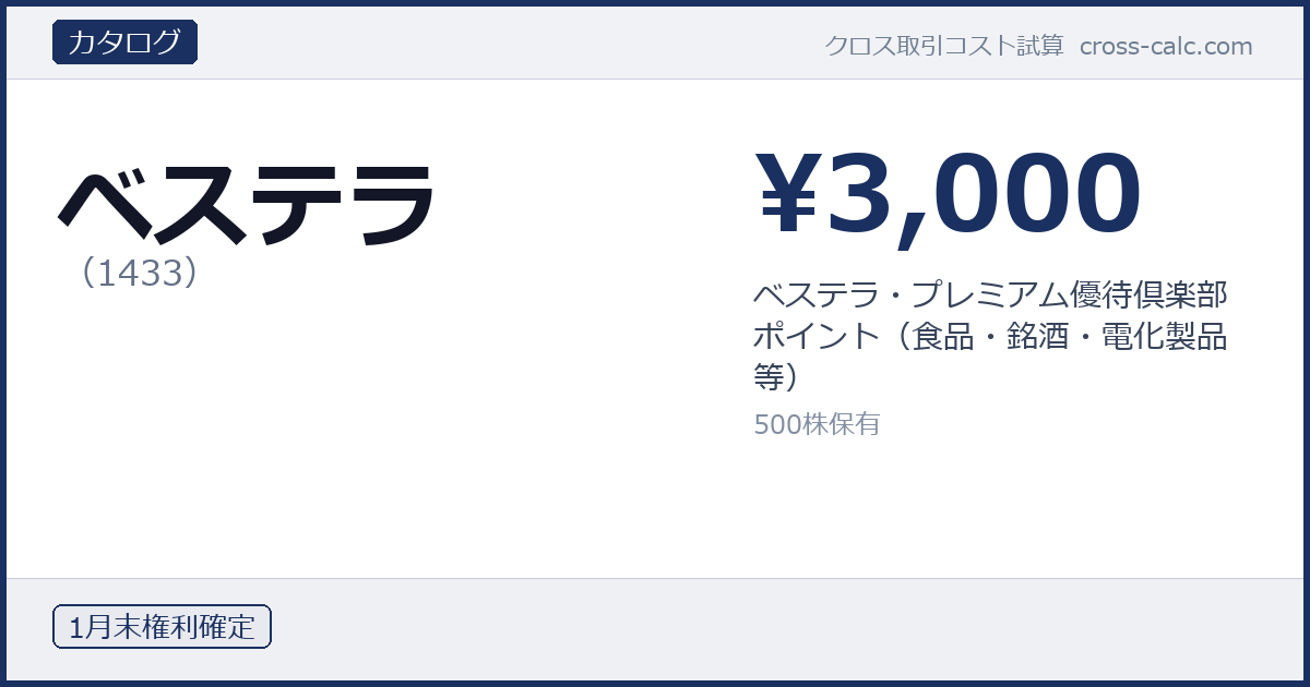 type=カタログ|co=ベステラ|code=1433|val=3000|desc=ベステラ・プレミアム優待倶楽部ポイント（食品・銘酒・電化製品等）|shares=500|months=1月末|color=#1a3060