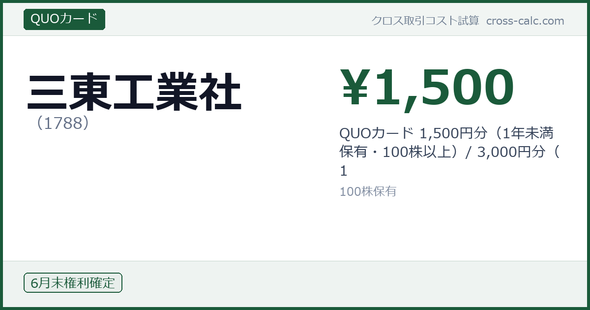 type=QUOカード|co=三東工業社|code=1788|val=1500|desc=QUOカード 1,500円分（1年未満保有・100株以上）/ 3,000円分（1|shares=100|months=6月末|color=#1a5a3a