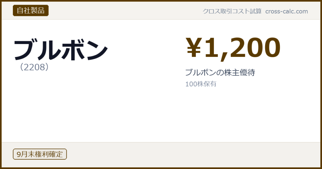 type=自社製品|co=ブルボン|code=2208|val=1200|desc=ブルボンの株主優待|shares=100|months=9月末|color=#5a3a00