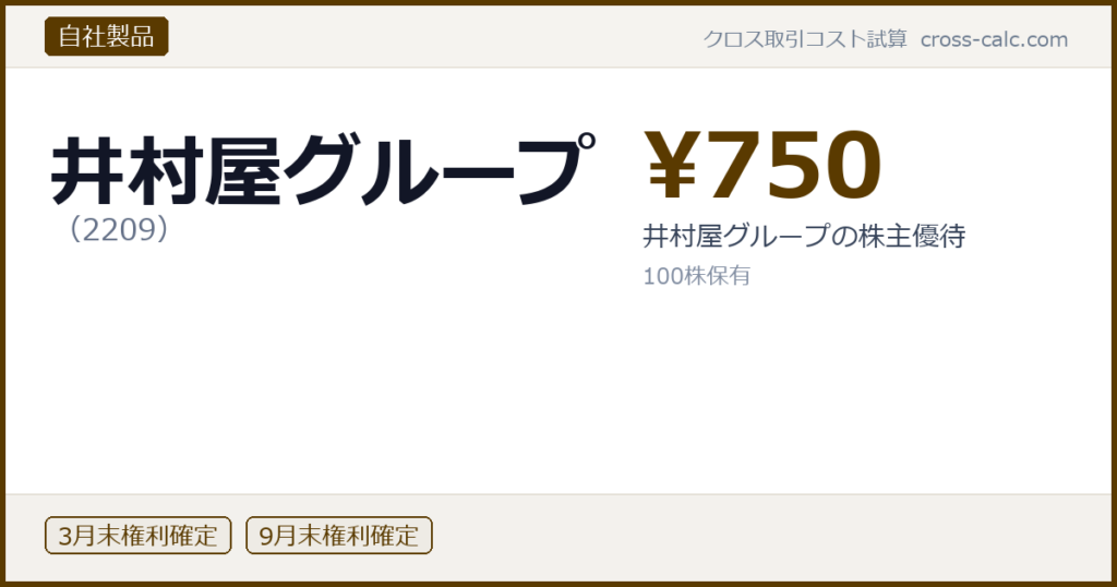 type=自社製品|co=井村屋グループ|code=2209|val=750|desc=井村屋グループの株主優待|shares=100|months=3月末,9月末|color=#5a3a00
