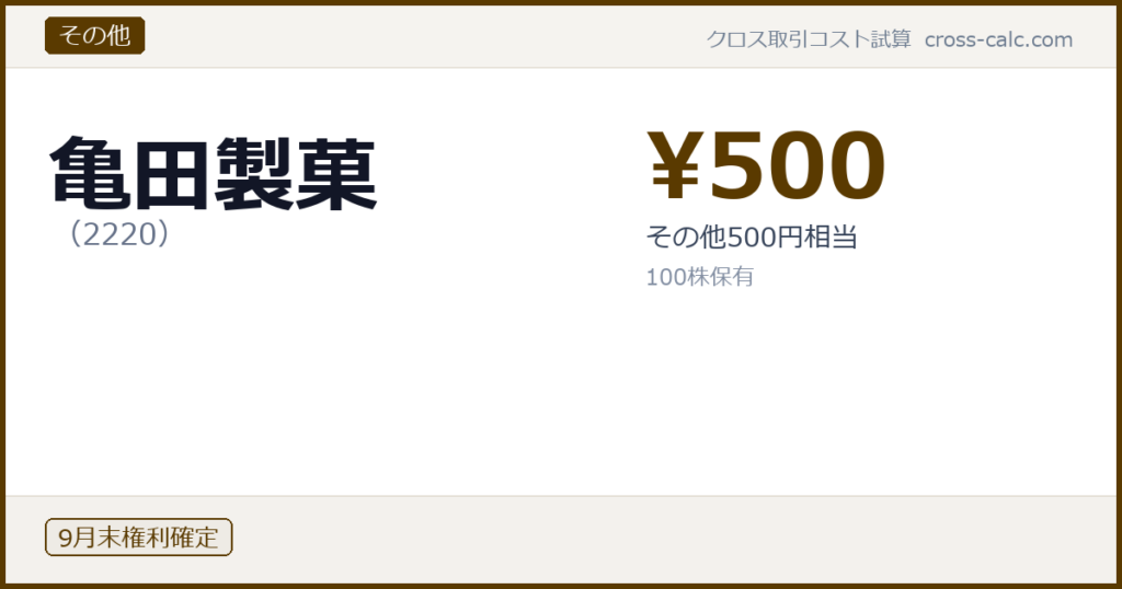 type=その他|co=亀田製菓|code=2220|val=500|desc=その他500円相当|shares=100|months=9月末|color=#5a3a00