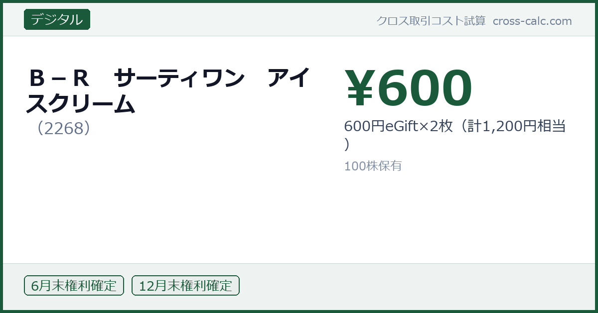 type=デジタル|co=B-R サーティワン アイスクリーム|code=2268|val=600|desc=600円eGift×2枚(計1,200円相当)|shares=100|months=6月末,12月末|color=#1a5a3a
