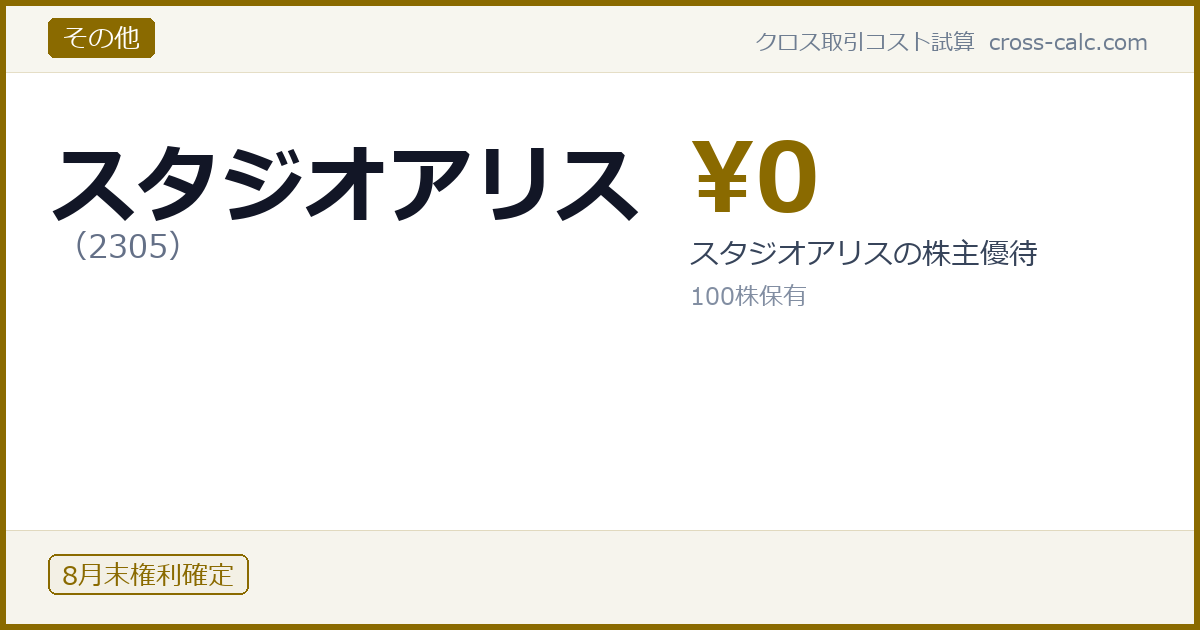 type=その他|co=スタジオアリス|code=2305|val=0|desc=スタジオアリスの株主優待|shares=100|months=8月末|color=#8a6a00