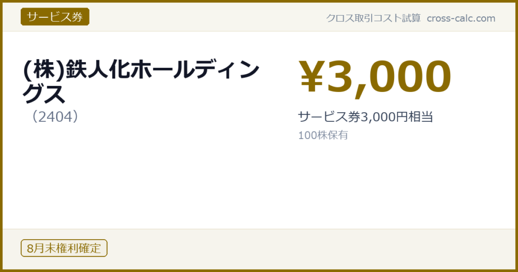 type=サービス券|co=(株)鉄人化ホールディングス|code=2404|val=3000|desc=サービス券3,000円相当|shares=100|months=8月末|color=#8a6a00
