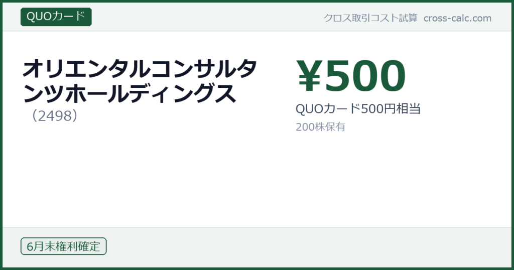 type=QUOカード|co=オリエンタルコンサルタンツホールディングス|code=2498|val=500|desc=QUOカード500円相当|shares=200|months=6月末|color=#1a5a3a