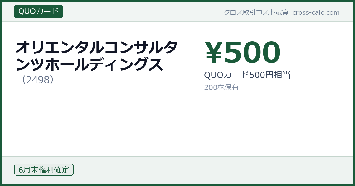 type=QUOカード|co=オリエンタルコンサルタンツホールディングス|code=2498|val=500|desc=QUOカード500円相当|shares=200|months=6月末|color=#1a5a3a