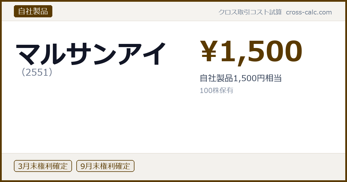 type=自社製品|co=マルサンアイ|code=2551|val=1500|desc=自社製品1,500円相当|shares=100|months=3月末,9月末|color=#5a3a00