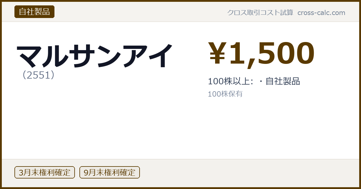 type=自社製品|co=マルサンアイ|code=2551|val=1500|desc=100株以上: ・自社製品|shares=100|months=3月末,9月末|color=#5a3a00