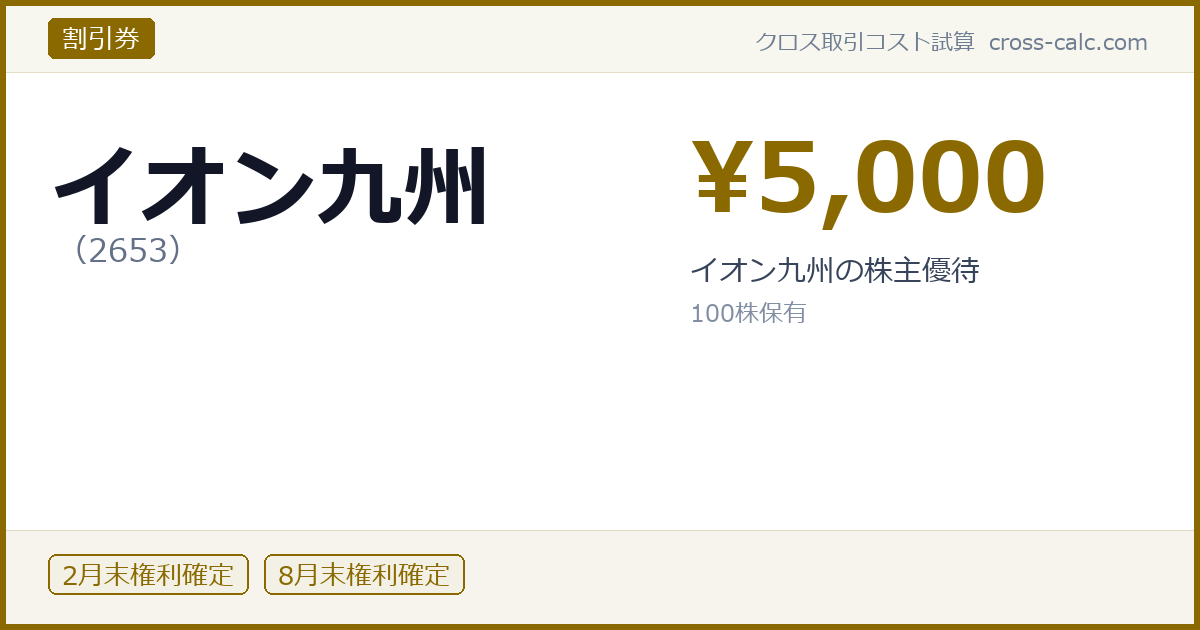 type=割引券|co=イオン九州|code=2653|val=5000|desc=イオン九州の株主優待|shares=100|months=2月末,8月末|color=#8a6a00