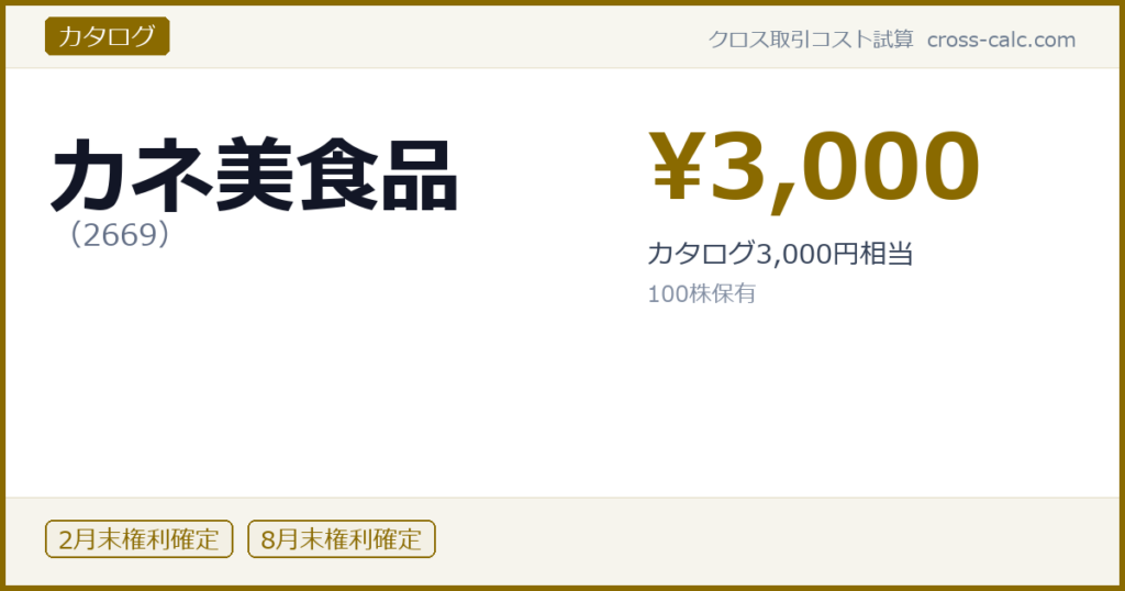 type=カタログ|co=カネ美食品|code=2669|val=3000|desc=カタログ3,000円相当|shares=100|months=2月末,8月末|color=#8a6a00