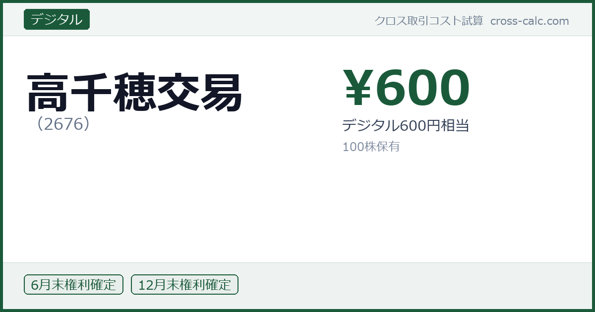 type=デジタル|co=高千穂交易|code=2676|val=600|desc=デジタル600円相当|shares=100|months=6月末,12月末|color=#1a5a3a
