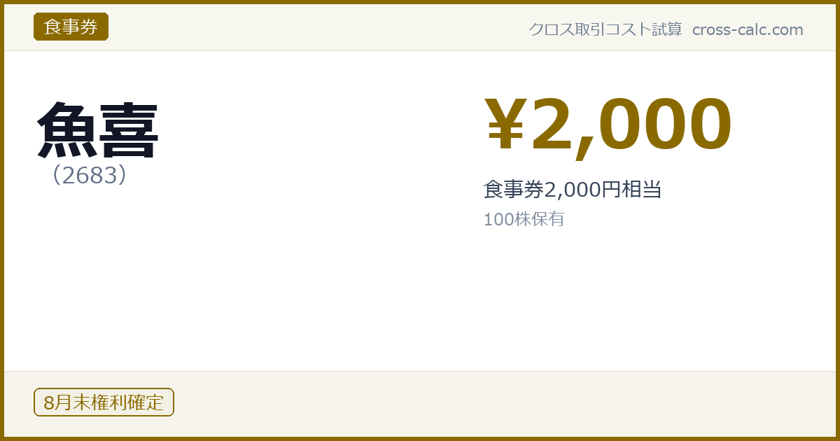 type=食事券|co=魚喜|code=2683|val=2000|desc=食事券2,000円相当|shares=100|months=8月末|color=#8a6a00