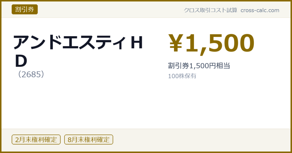 type=割引券|co=アンドエスティＨＤ|code=2685|val=1500|desc=割引券1,500円相当|shares=100|months=2月末,8月末|color=#8a6a00