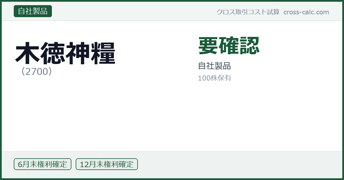 type=自社製品|co=木徳神糧|code=2700|val=要確認|desc=自社製品|shares=100|months=6月末,12月末|color=#1a5a3a