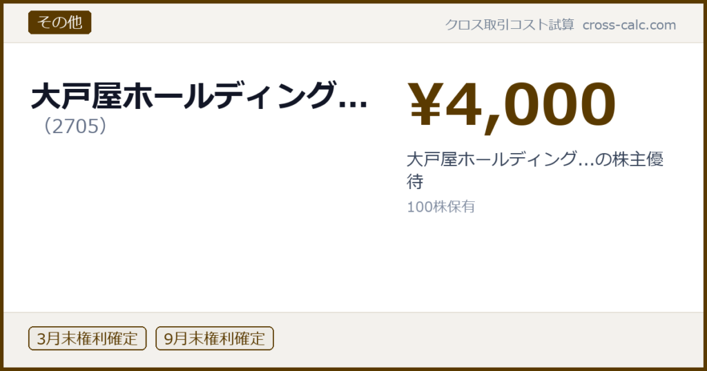 type=その他|co=大戸屋ホールディング...|code=2705|val=4000|desc=大戸屋ホールディング...の株主優待|shares=100|months=3月末,9月末|color=#5a3a00