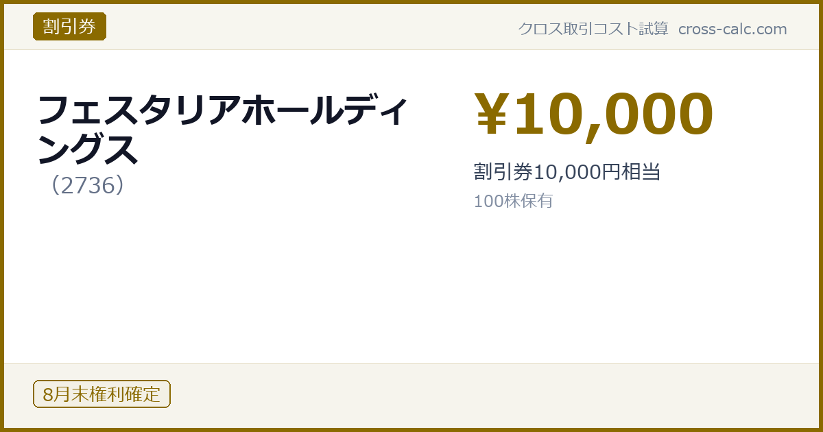 type=割引券|co=フェスタリアホールディングス|code=2736|val=10000|desc=割引券10,000円相当|shares=100|months=8月末|color=#8a6a00