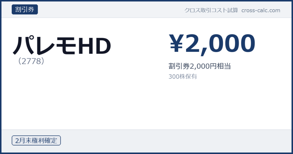 type=割引券|co=パレモHD|code=2778|val=2000|desc=割引券2,000円相当|shares=300|months=2月末|color=#1a3a6a