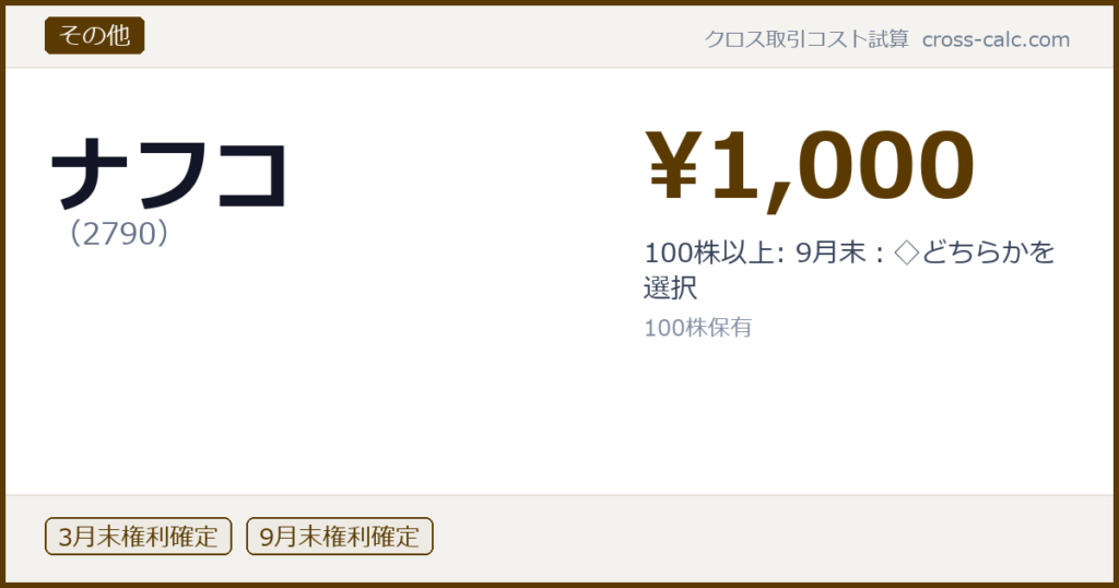 type=その他|co=ナフコ|code=2790|val=1000|desc=100株以上: 9月末：◇どちらかを選択|shares=100|months=3月末,9月末|color=#5a3a00