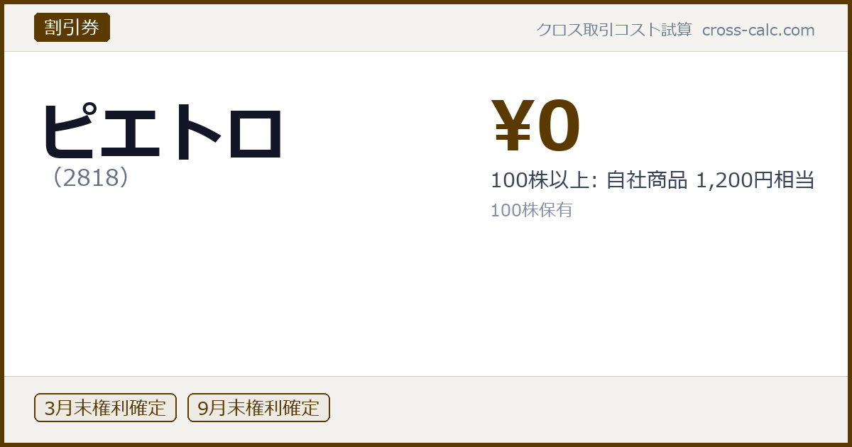 type=割引券|co=ピエトロ|code=2818|val=0|desc=100株以上: 自社商品 1,200円相当|shares=100|months=3月末,9月末|color=#5a3a00
