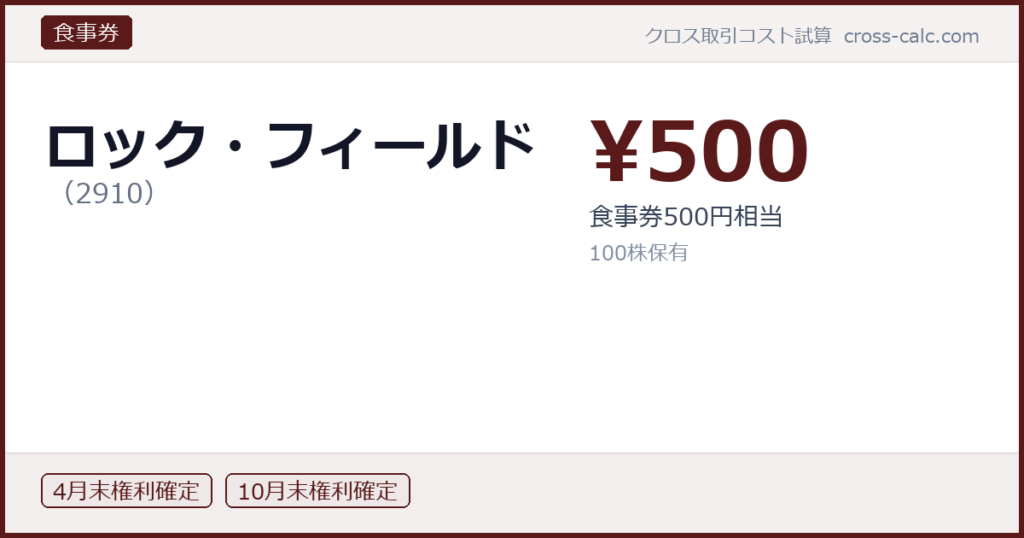 type=食事券|co=ロック・フィールド|code=2910|val=500|desc=食事券500円相当|shares=100|months=4月末,10月末|color=#5a1a1a