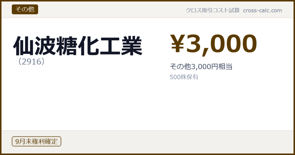 type=その他|co=仙波糖化工業|code=2916|val=3000|desc=その他3,000円相当|shares=500|months=9月末|color=#5a3a00