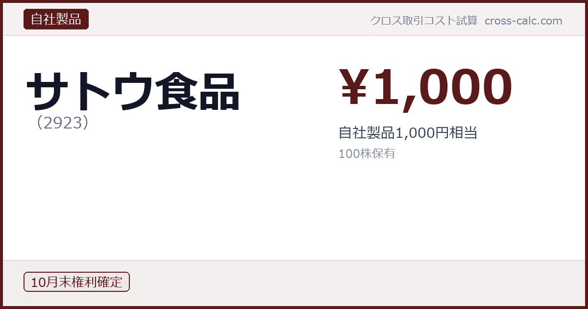type=自社製品|co=サトウ食品|code=2923|val=1000|desc=自社製品1,000円相当|shares=100|months=10月末|color=#5a1a1a