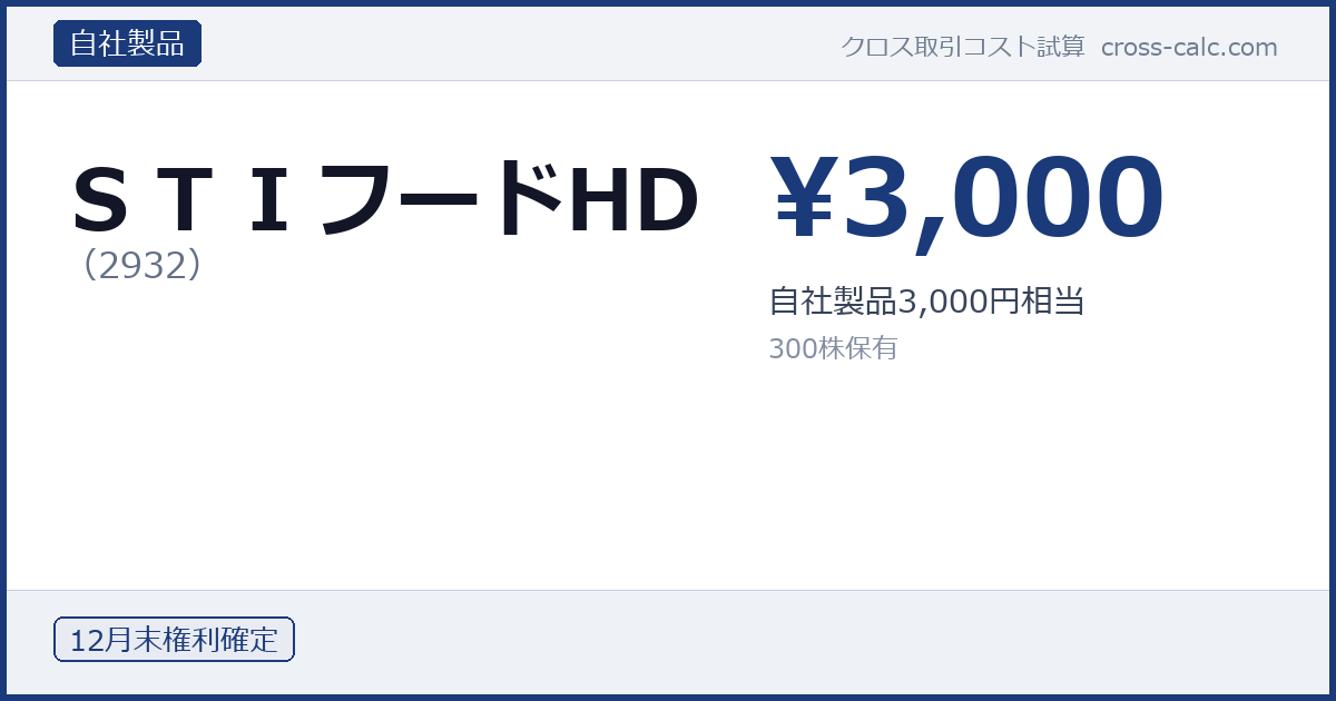 type=自社製品|co=STIフードHD|code=2932|val=3000|desc=自社製品3,000円相当|shares=300|months=12月末|color=#1a3a7a