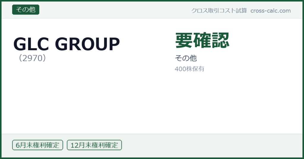 type=その他|co=GLC GROUP|code=2970|val=要確認|desc=その他|shares=400|months=6月末,12月末|color=#1a5a3a