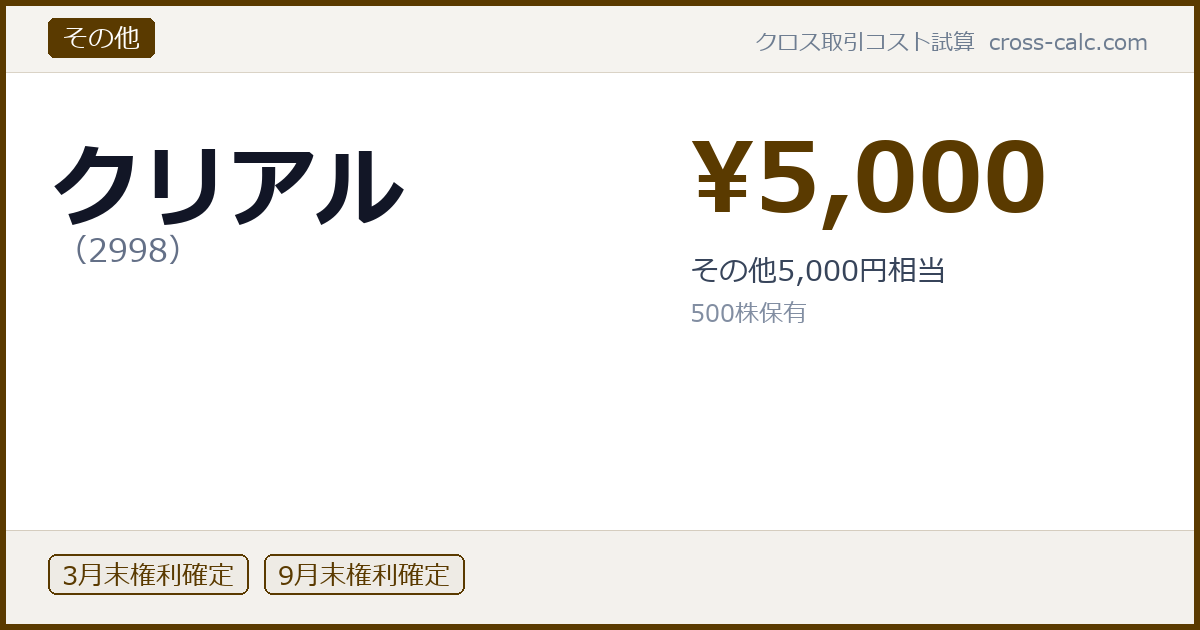 type=その他|co=クリアル|code=2998|val=5000|desc=その他5,000円相当|shares=500|months=3月末,9月末|color=#5a3a00