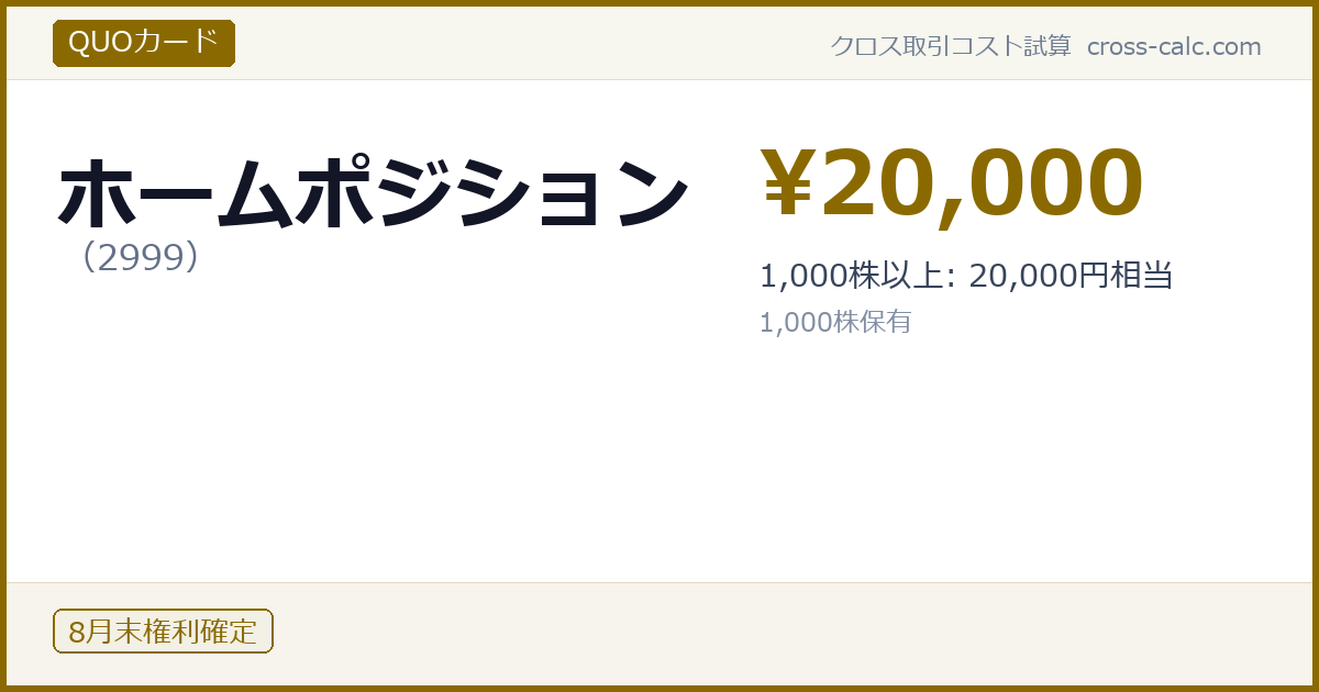 type=QUOカード|co=ホームポジション|code=2999|val=20000|desc=1,000株以上: 20,000円相当|shares=1000|months=8月末|color=#8a6a00