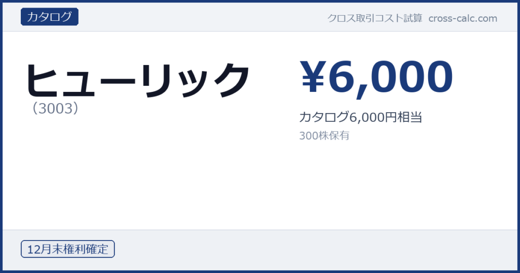 type=カタログ|co=ヒューリック|code=3003|val=6000|desc=カタログ6,000円相当|shares=300|months=12月末|color=#1a3a7a