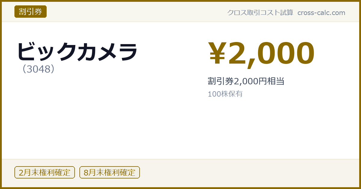 type=割引券|co=ビックカメラ|code=3048|val=2000|desc=割引券2,000円相当|shares=100|months=2月末,8月末|color=#8a6a00