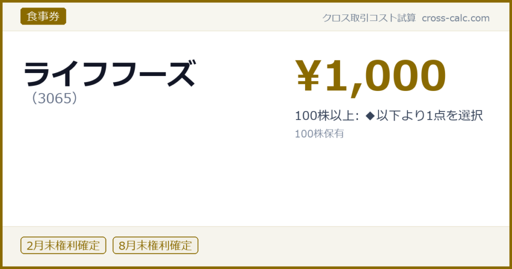 type=食事券|co=ライフフーズ|code=3065|val=1000|desc=100株以上: ◆以下より1点を選択|shares=100|months=2月末,8月末|color=#8a6a00