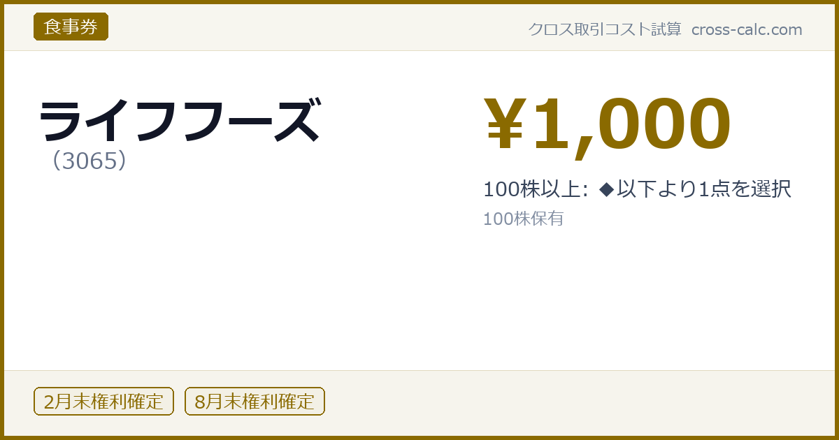 type=食事券|co=ライフフーズ|code=3065|val=1000|desc=100株以上: ◆以下より1点を選択|shares=100|months=2月末,8月末|color=#8a6a00