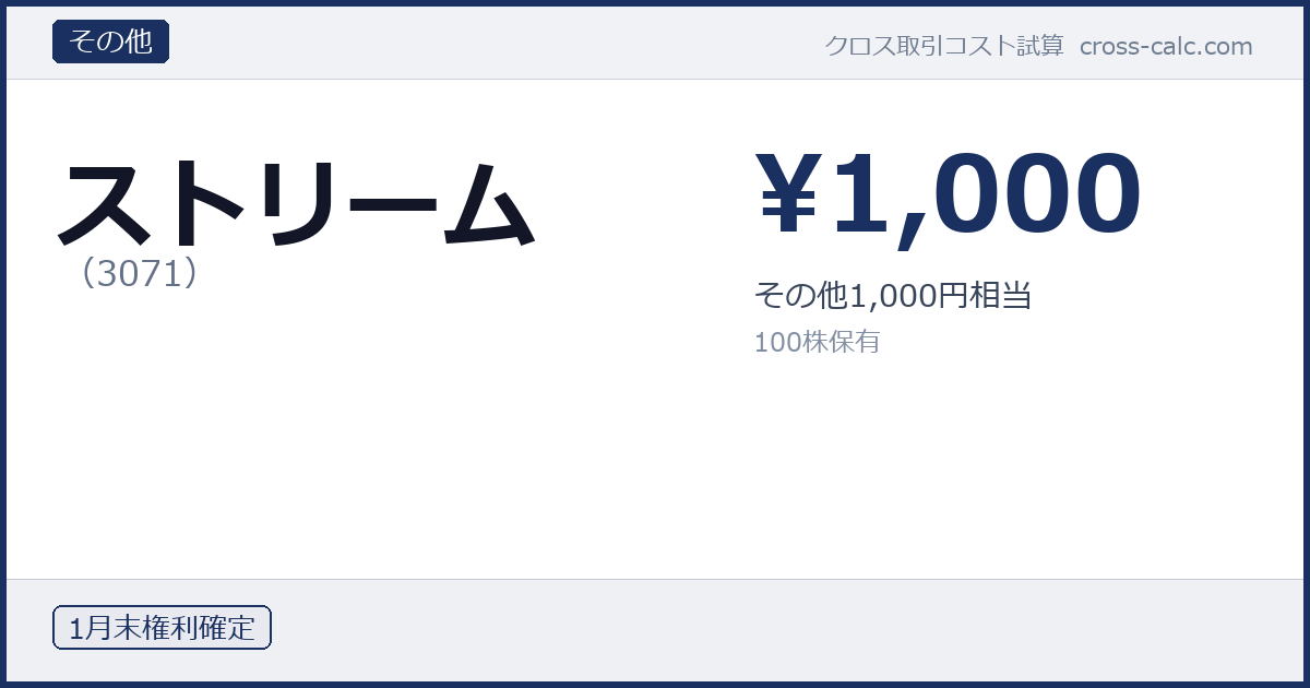 type=その他|co=ストリーム|code=3071|val=1000|desc=その他1,000円相当|shares=100|months=1月末|color=#1a3060