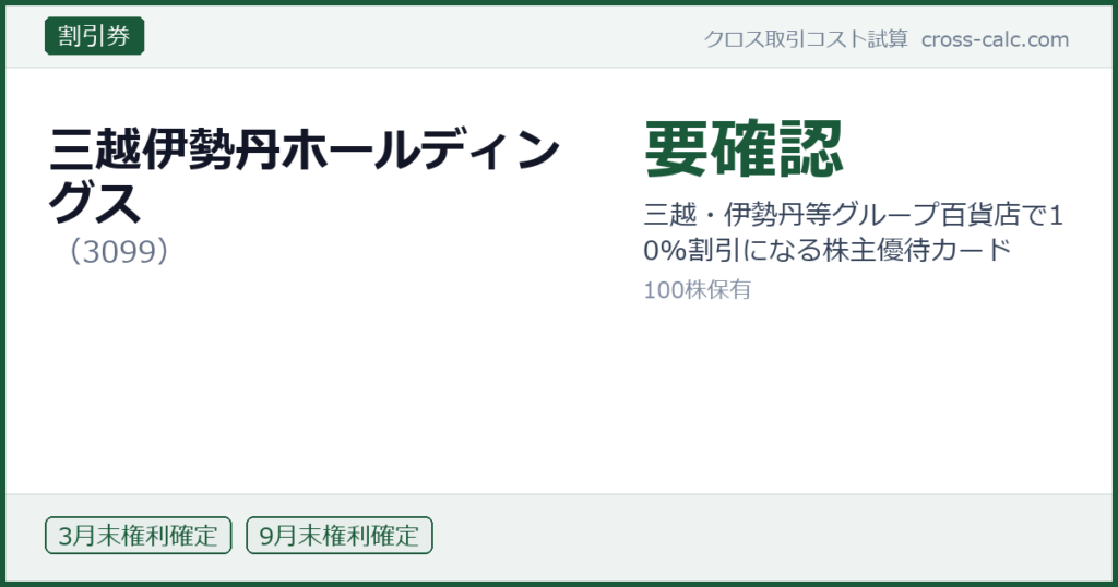 type=割引券|co=三越伊勢丹ホールディングス|code=3099|val=要確認|desc=三越・伊勢丹等グループ百貨店で10%割引になる株主優待カード|shares=100|months=3月末,9月末|color=#1a5a3a