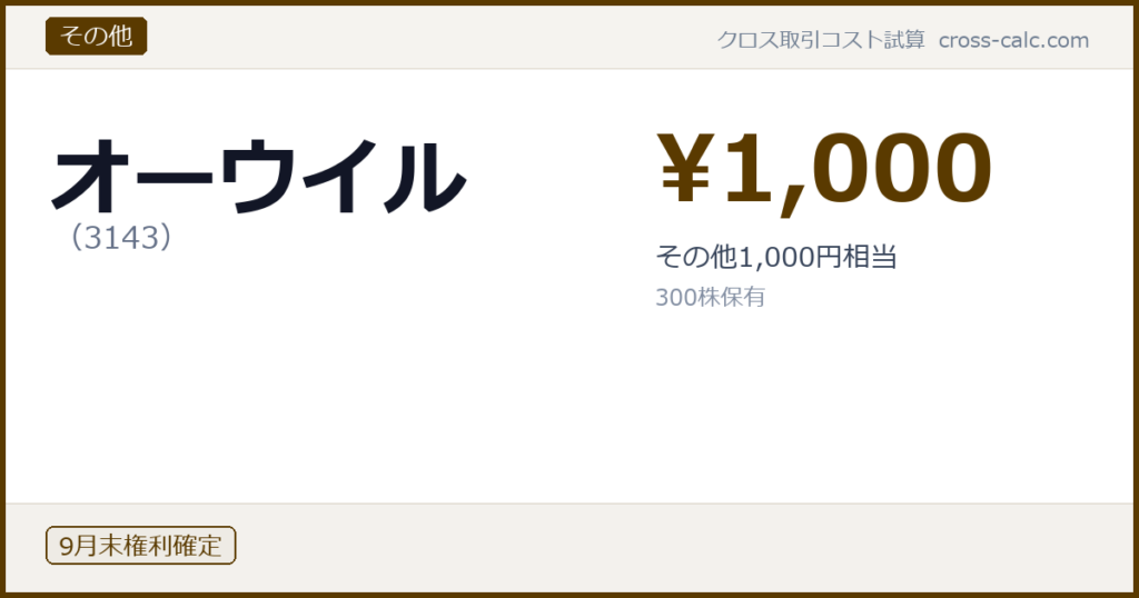type=その他|co=オーウイル|code=3143|val=1000|desc=その他1,000円相当|shares=300|months=9月末|color=#5a3a00