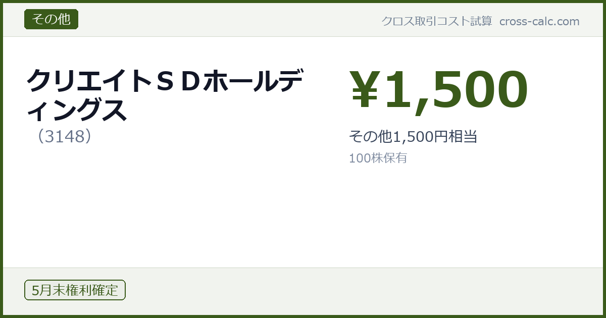 type=その他|co=クリエイトＳＤホールディングス|code=3148|val=1500|desc=その他1,500円相当|shares=100|months=5月末|color=#3a5a1a