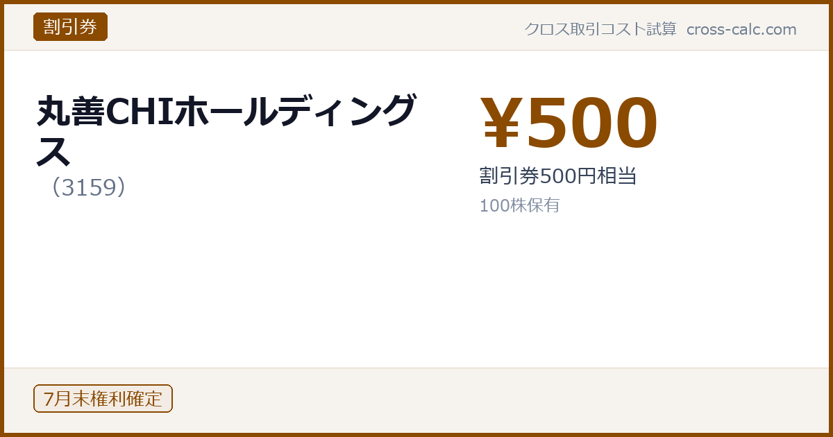 type=割引券|co=丸善CHIホールディングス|code=3159|val=500|desc=割引券500円相当|shares=100|months=7月末|color=#8a4a00