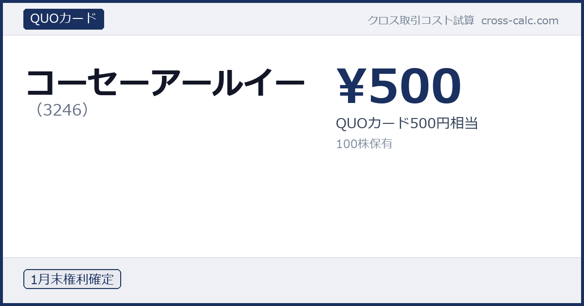 type=QUOカード|co=コーセーアールイー|code=3246|val=500|desc=QUOカード500円相当|shares=100|months=1月末|color=#1a3060