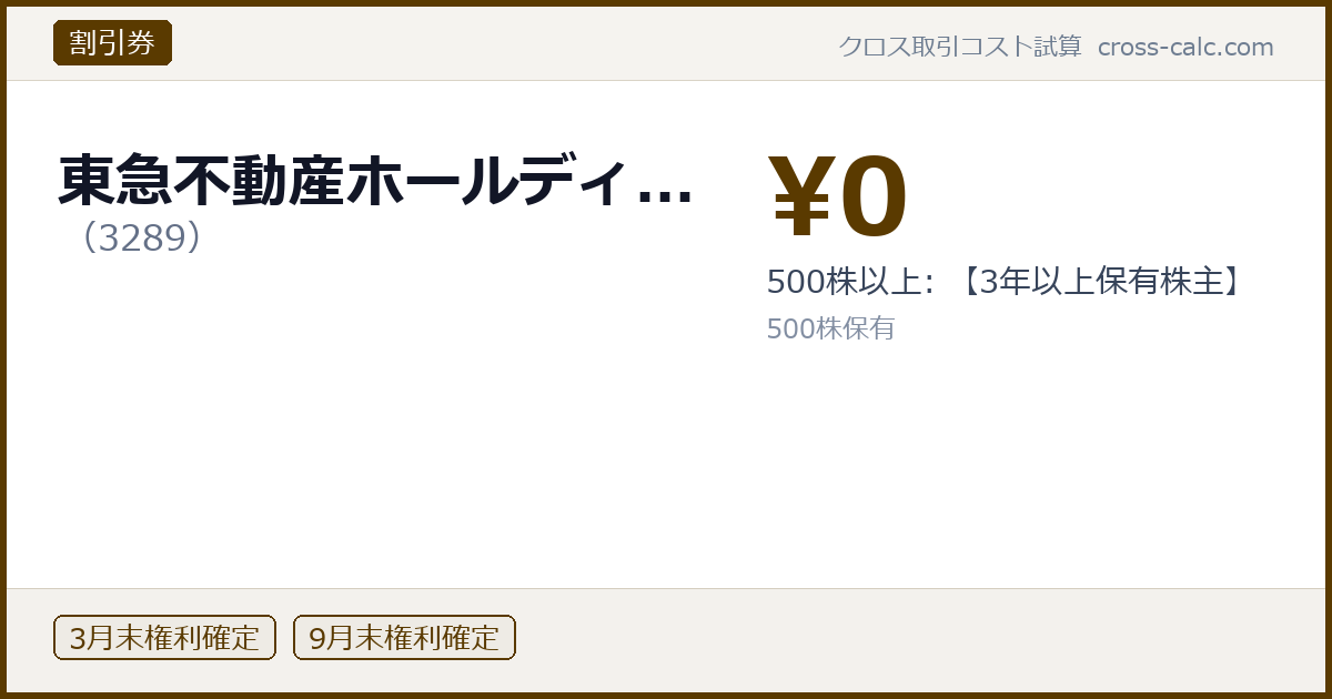 type=割引券|co=東急不動産ホールディ...|code=3289|val=0|desc=500株以上: 【3年以上保有株主】|shares=500|months=3月末,9月末|color=#5a3a00