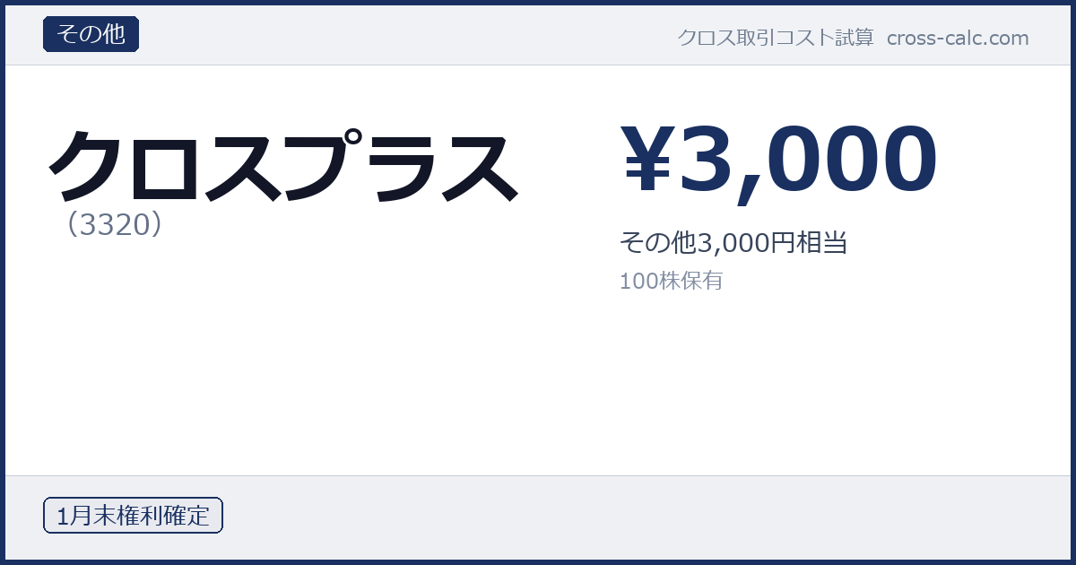 type=その他|co=クロスプラス|code=3320|val=3000|desc=その他3,000円相当|shares=100|months=1月末|color=#1a3060