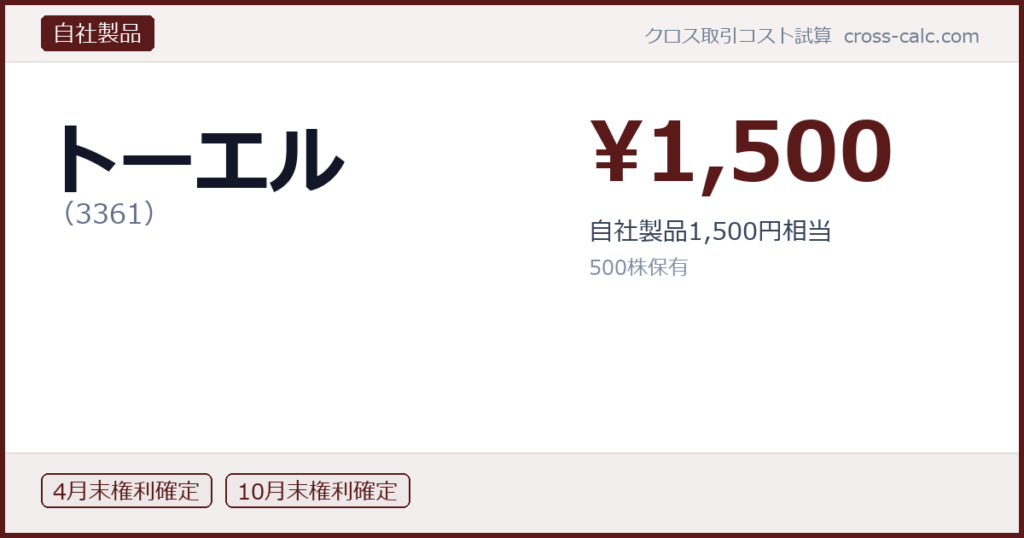 type=自社製品|co=トーエル|code=3361|val=1500|desc=自社製品1,500円相当|shares=500|months=4月末,10月末|color=#5a1a1a