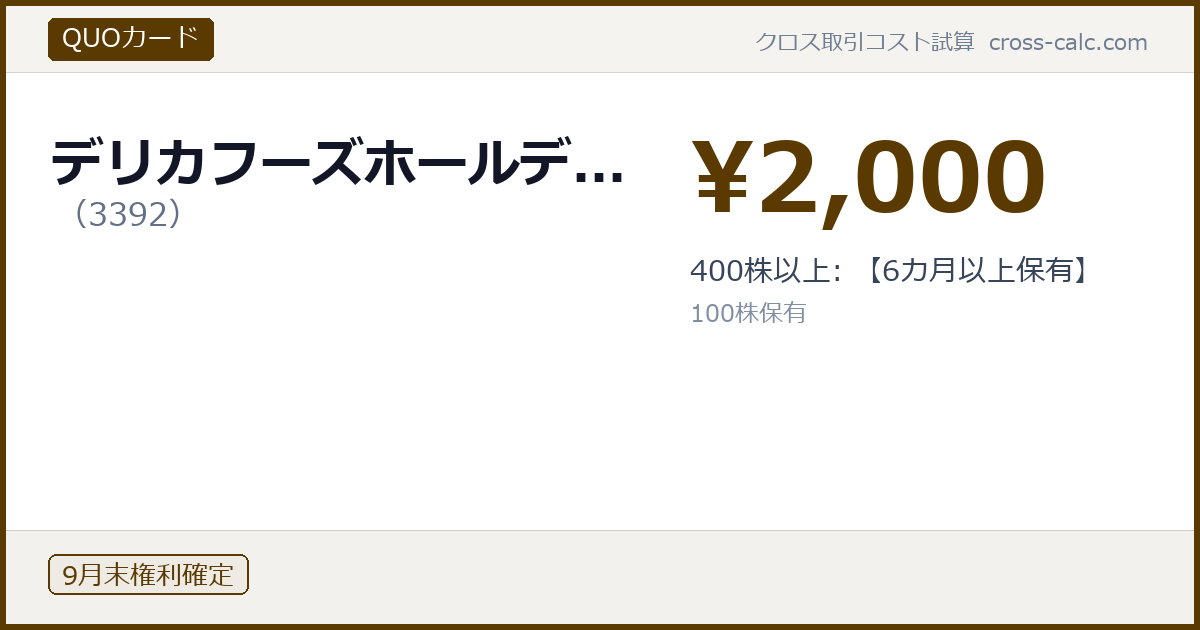 type=QUOカード|co=デリカフーズホールデ...|code=3392|val=2000|desc=400株以上: 【6カ月以上保有】|shares=100|months=9月末|color=#5a3a00
