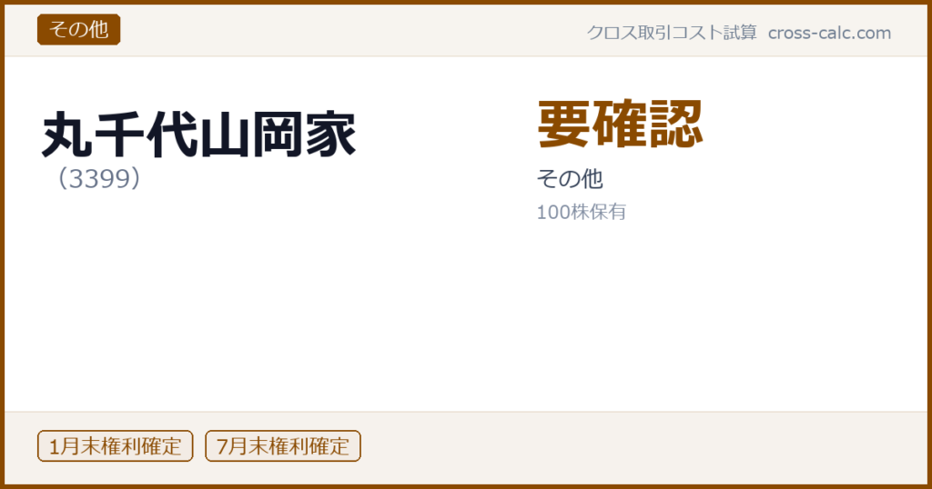 type=その他|co=丸千代山岡家|code=3399|val=要確認|desc=その他|shares=100|months=1月末,7月末|color=#8a4a00