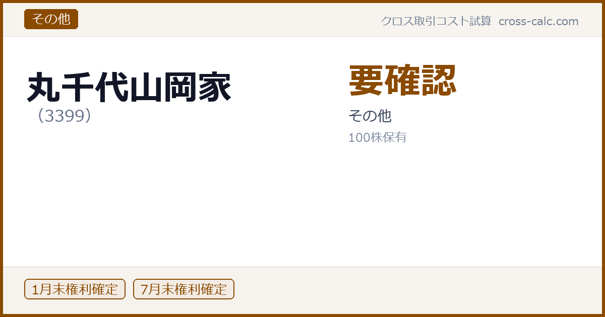 type=その他|co=丸千代山岡家|code=3399|val=要確認|desc=その他|shares=100|months=1月末,7月末|color=#8a4a00