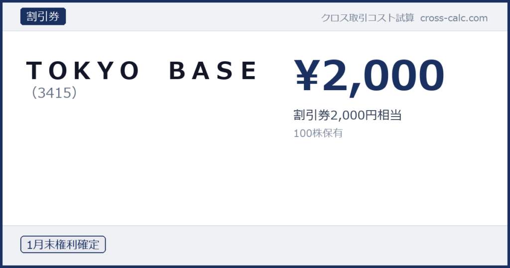 type=割引券|co=ＴＯＫＹＯ　ＢＡＳＥ|code=3415|val=2000|desc=割引券2,000円相当|shares=100|months=1月末|color=#1a3060